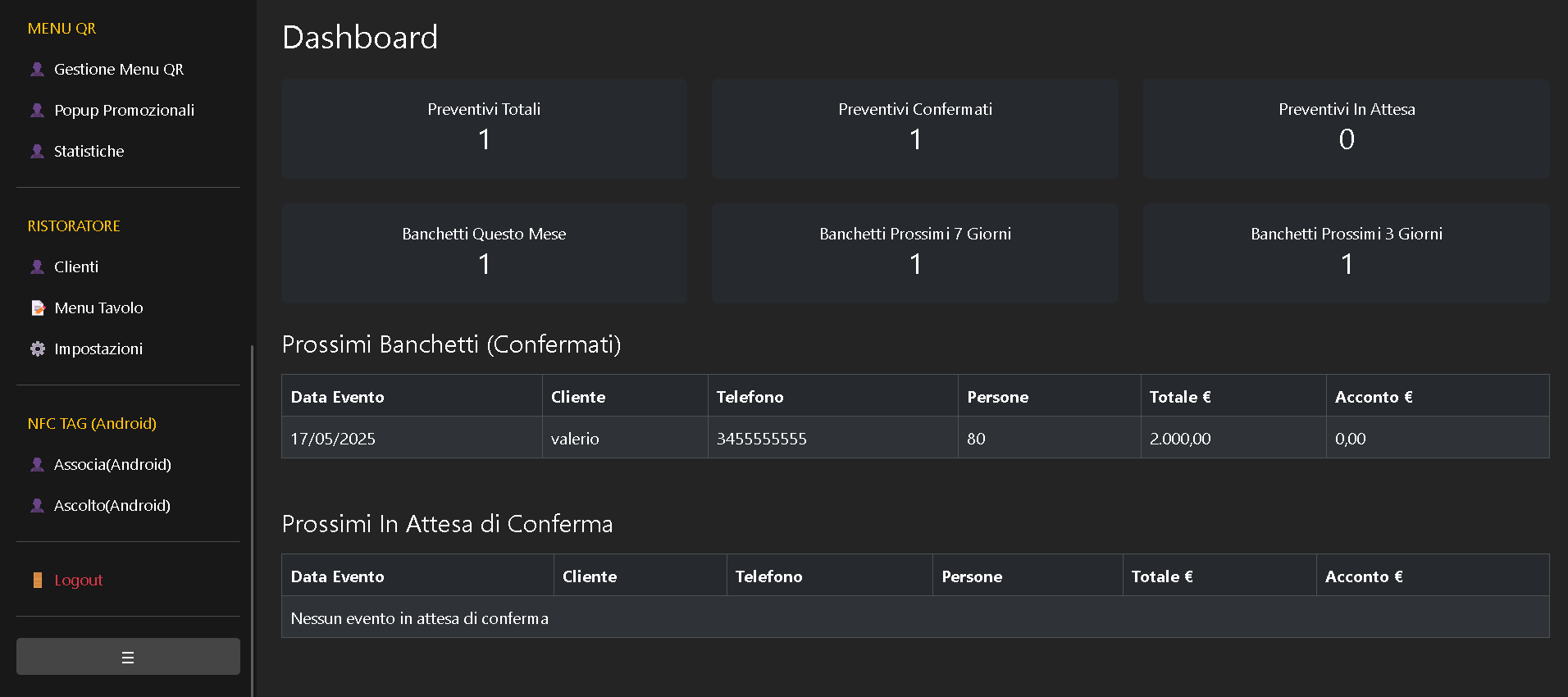 Dashboard reale di RistoraPro con preventivi ed eventi